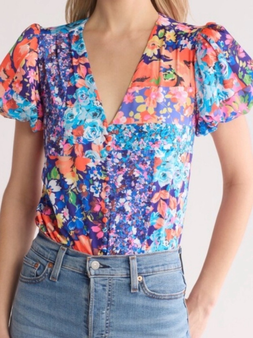 AFRM Floral Puff-Sleeve Bodysuit- Multicolor